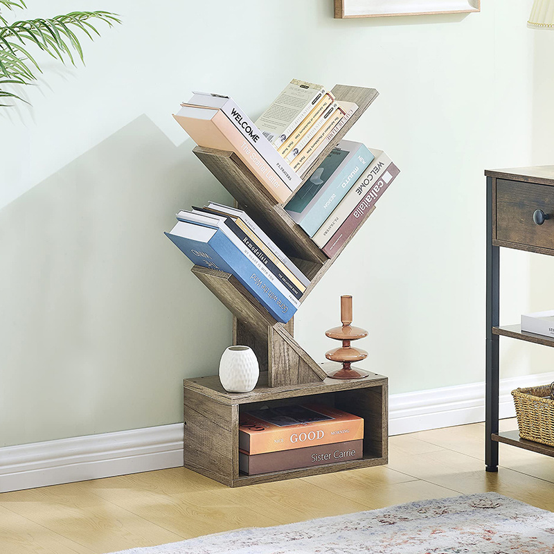 Rustic modern luxury office wood bookcase tree bookshelf 4-tier small book rack shelf for living room