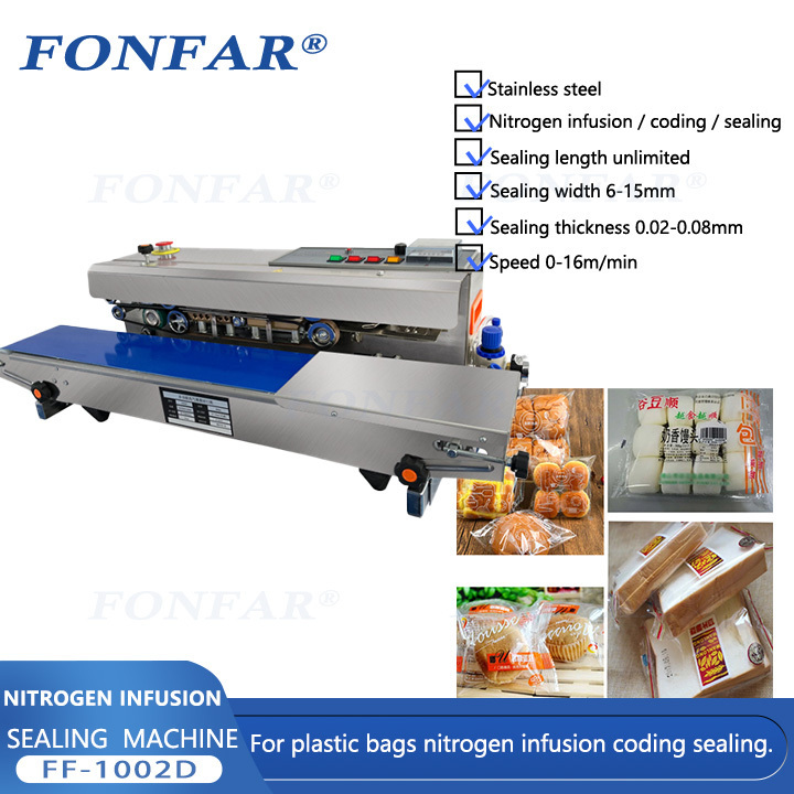 New Design Nitrogen Air Gas Flushing Suction Exhaust Bag Heat Packing Date Coding Sealing Machine Continuous Sealer