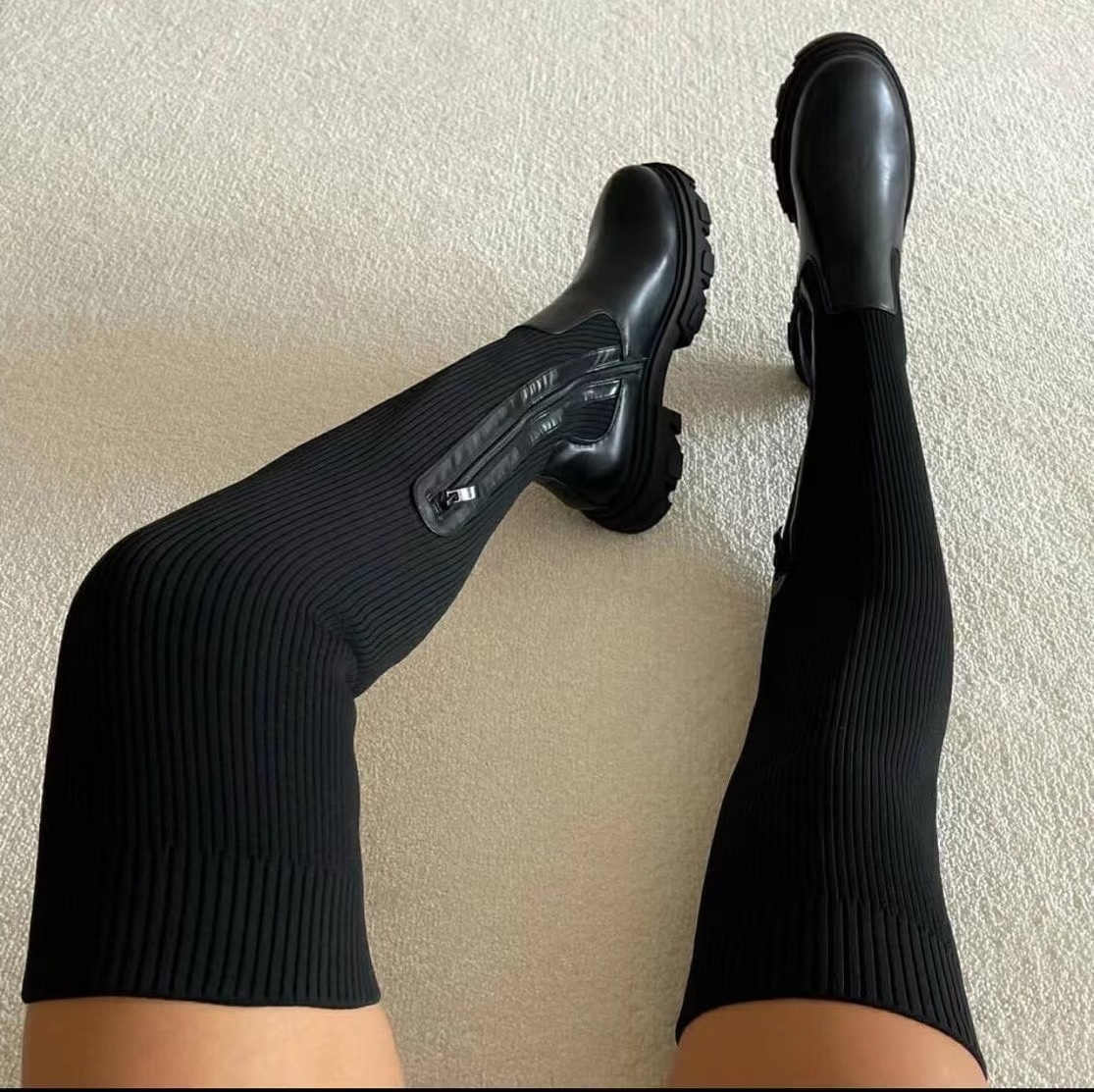 Stretchy Fabric Botin Con Tacon Long Style Platform Over the Knee Knit Thigh High  Boots