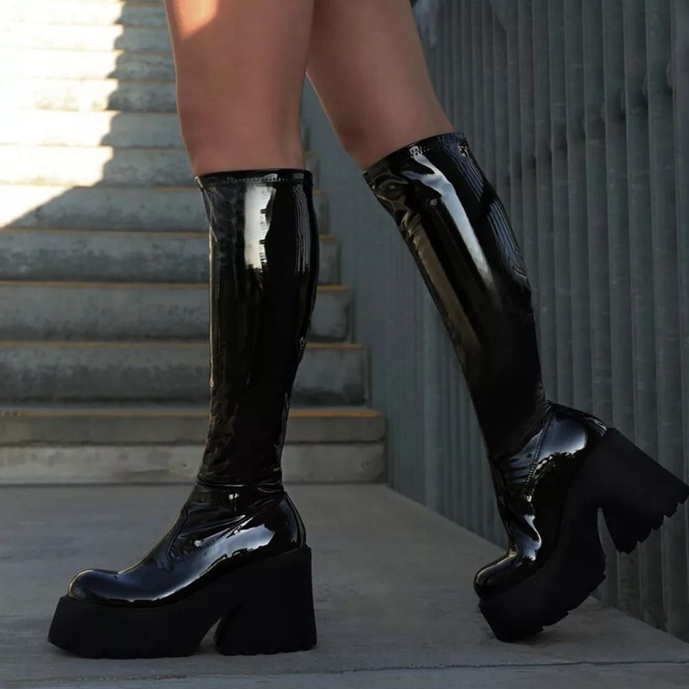 Botas Mujer Cool Fashion Mid Calf Thick Sole Sexy Stiletto Supper High Women Platform Boots