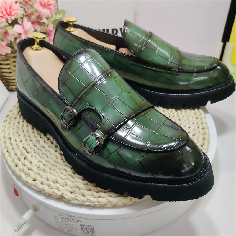 Men Thick Sole Green Double Monk Strap Shoes Wedding High Performance Height Increasing Dress Shoes