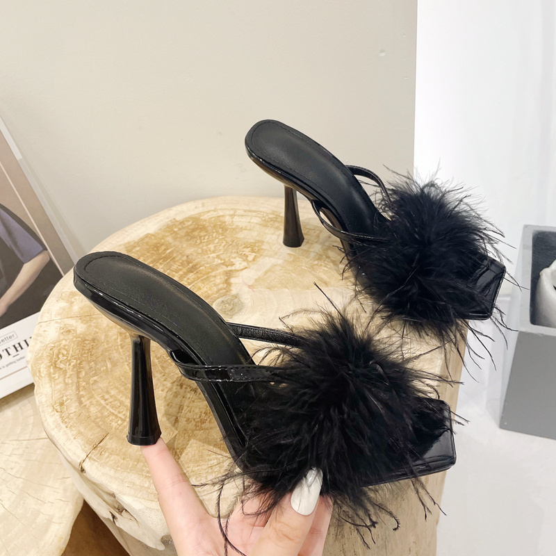 Babouches Femme 2022 Women New Square toe Feather Simple Female Sexy High Heels Fashion Fur Sandals Flip Flops Slippers