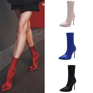 Botine Femme Elastic Material Pointed Toe Designer Stiletto Heel Shoes Ankle Women Boots for 2022