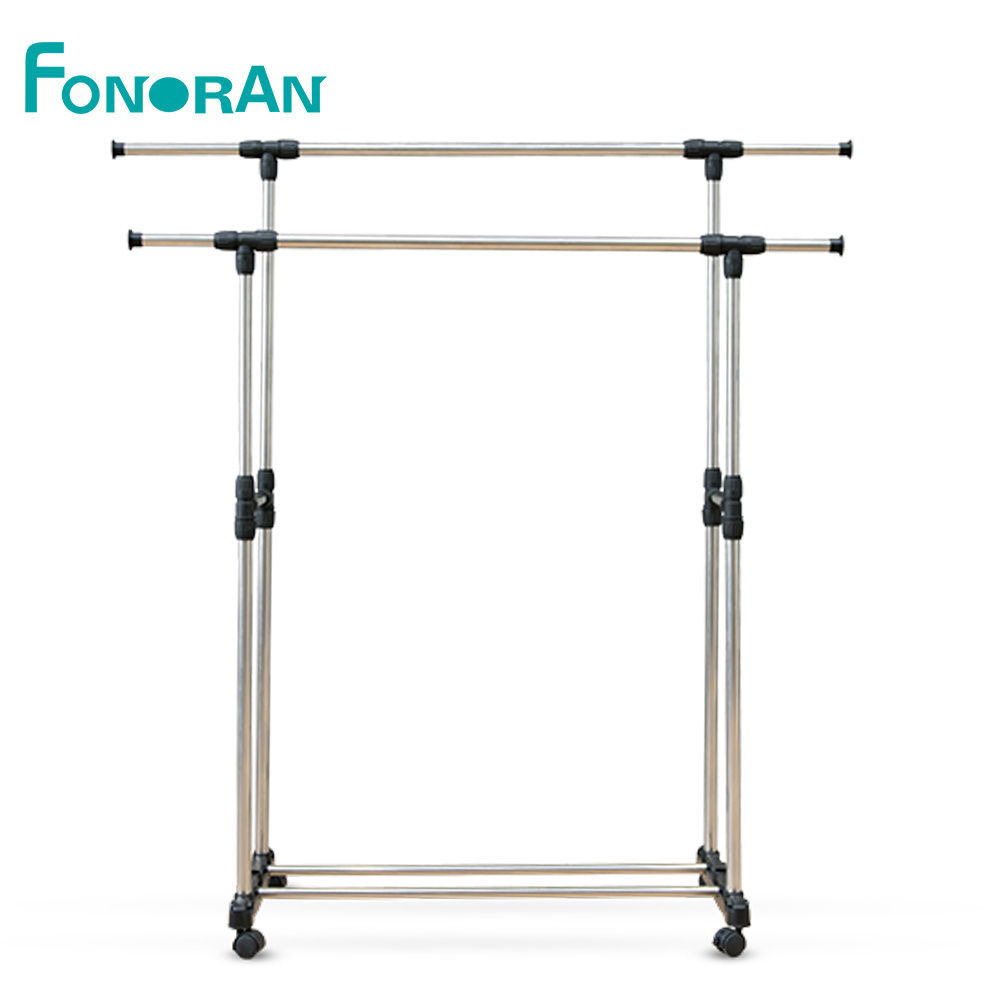 Portable movable double pole telescopic garment cloth hanging rack