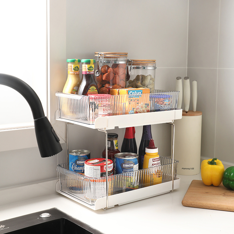 Under Sink Organizers and Storage 2 Tier Easy Access Slide Out Cabinet Organizer, Double Sliding Cabinet Organizer Drawer