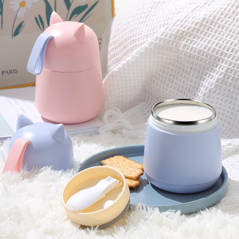 Vacuum Insulated Food Jar with Foldable Spoon, Stainless Steel Thermal Food Container Food Thermos Soup Cup