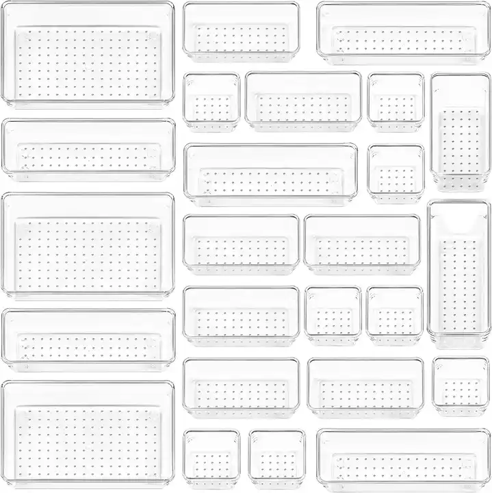 25 Pack Clear Plastic Drawer Organizers Set, Multi-purpose Transparent Storage Bin For Cabinet, Makeup Drawer Organizer