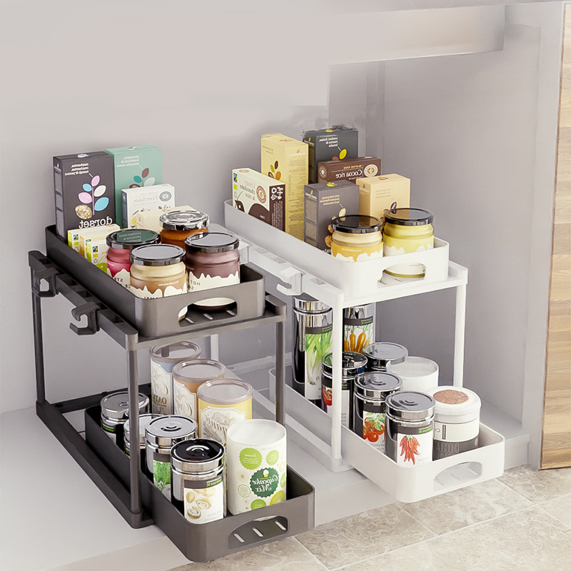 Pull Out Sliding Shelf Under Sink Organizer Cabinet Storage Drawer With Baskets 2 Tier Kitchen Rack