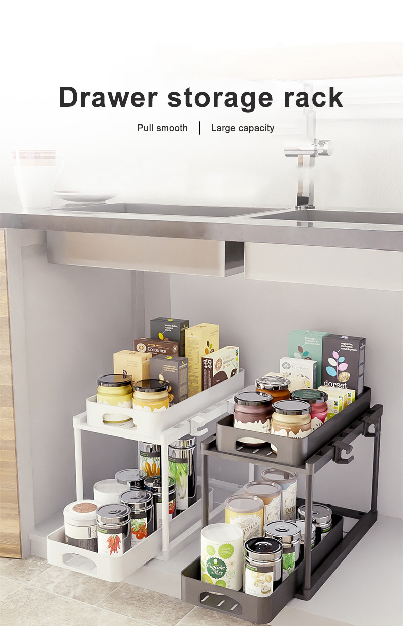 Pull Out Sliding Shelf Under Sink Organizer Cabinet Storage Drawer With Baskets 2 Tier Kitchen Rack