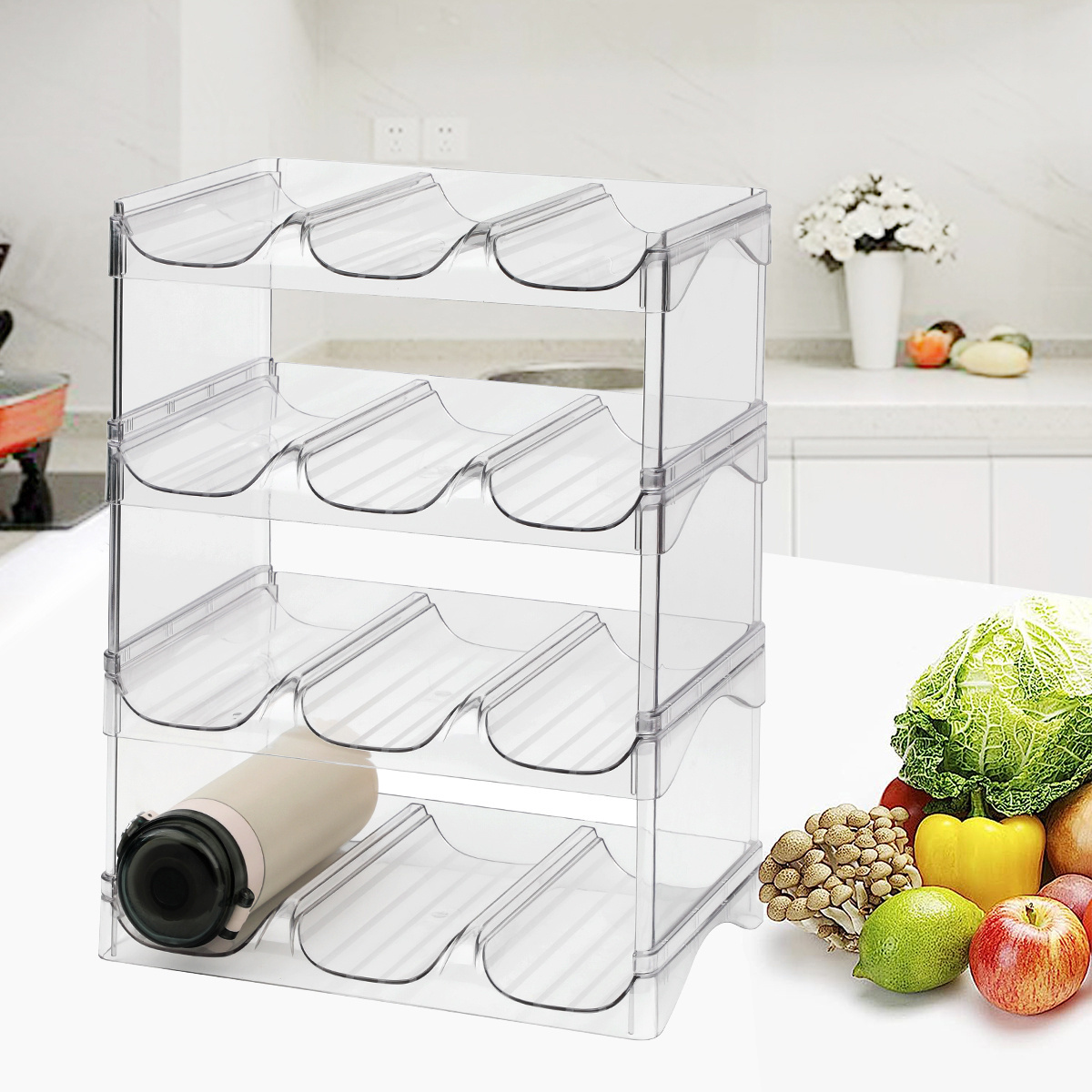 Water Bottle Organizer For Cabinet,4 Pack Plastic Clear Stackable Bottle Holder Storage,Pantry Organizer and Cabinet Organizer