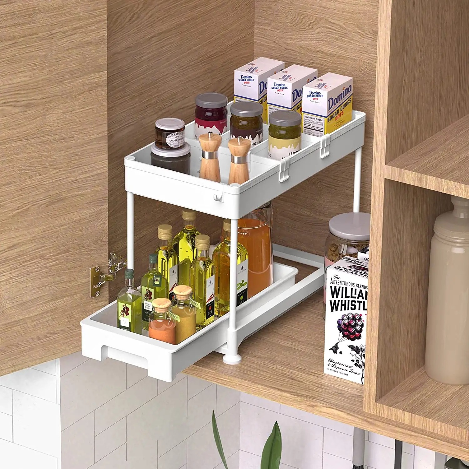 Under Sink Organizers For Multi-purpose Storage, Sliding Cabinet Organizer Drawer With Removable Dividers, Hooks And Hanging Cup