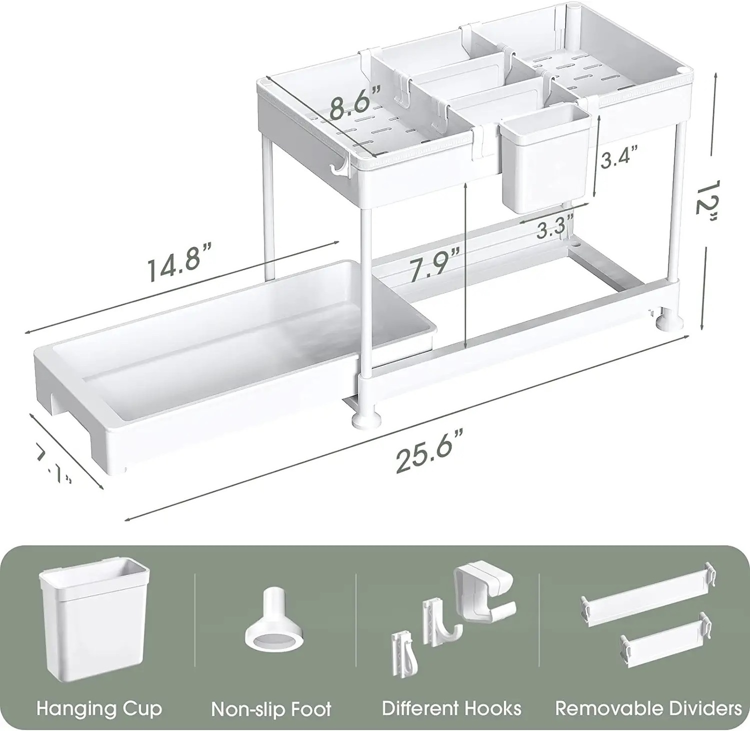 Under Sink Organizers For Multi-purpose Storage, Sliding Cabinet Organizer Drawer With Removable Dividers, Hooks And Hanging Cup