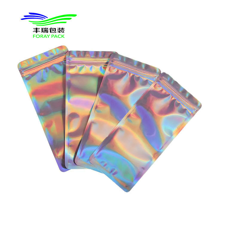 Custom  Mylar Cosmetic Makeup Packaging Zipper Flat Zipper Make Up Zipper Holographic Packaging Bag Pouch