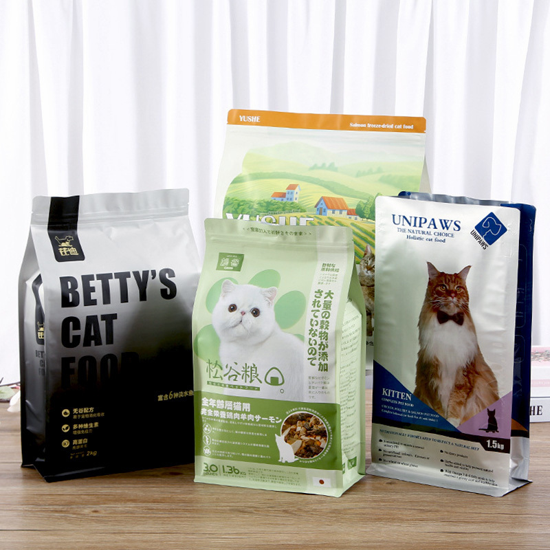 Custom Printed Resealable 8 Side Seal Gusset Cat Dog Pet Feed Food Packaging Bag Flat Bottom Pouch With Zipper