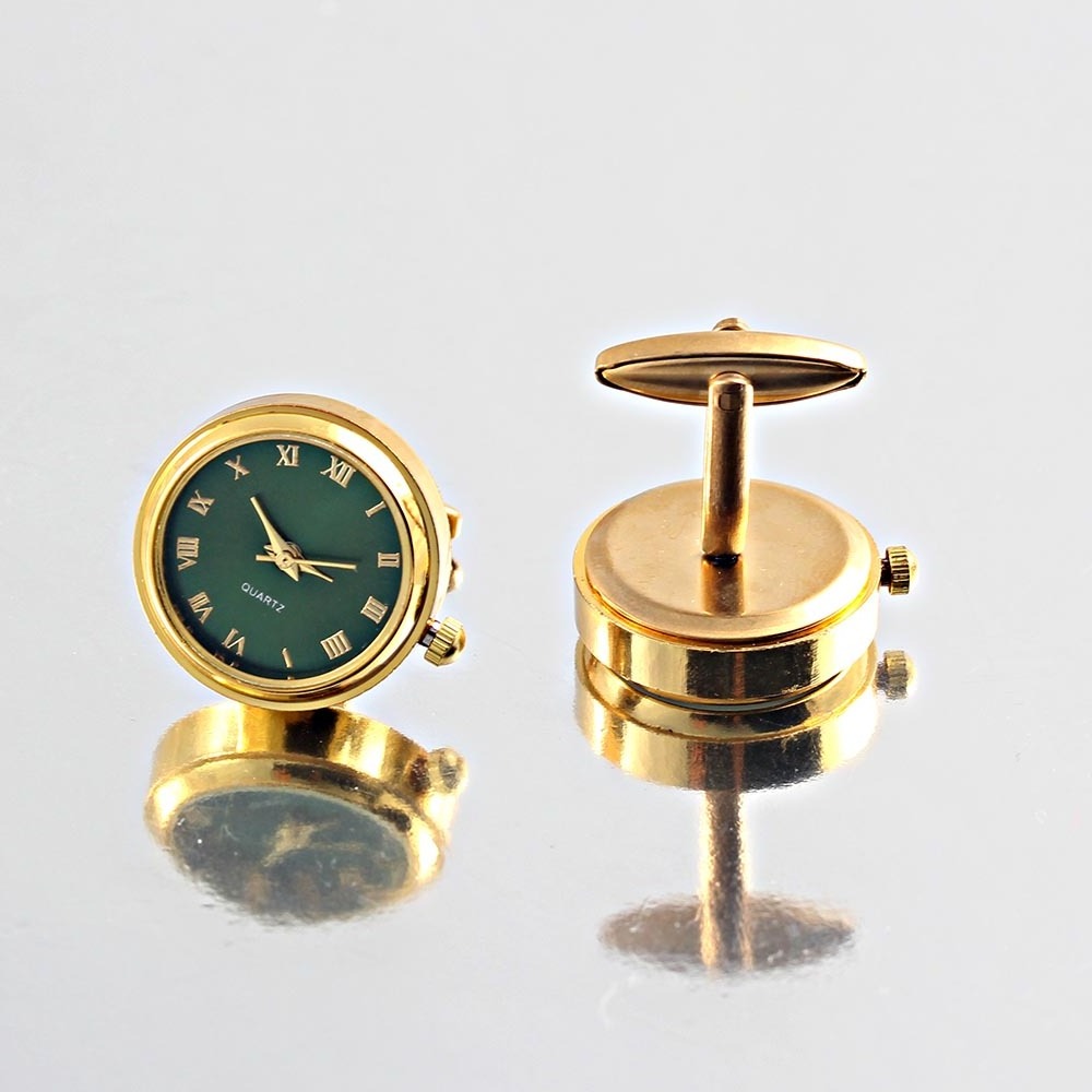 Rotating Green Case Back Clock Watch Cufflinks