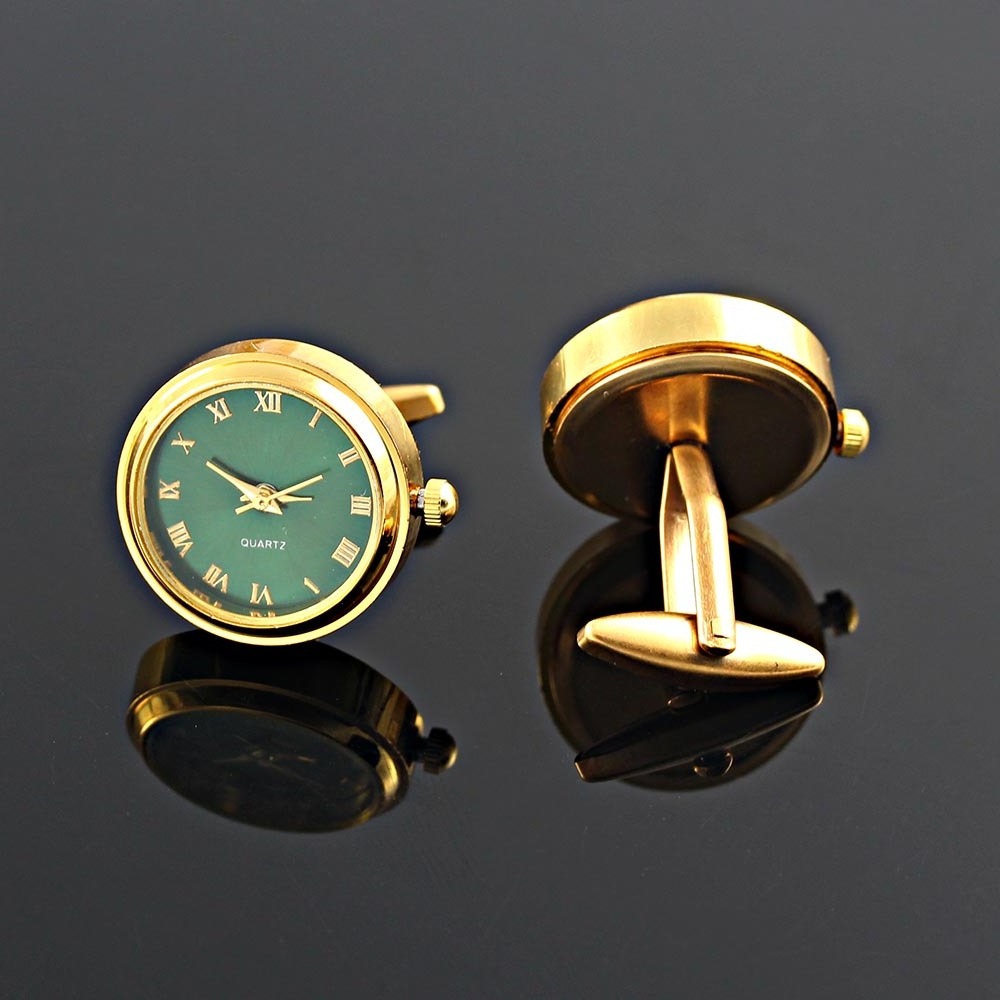 Rotating Green Case Back Clock Watch Cufflinks