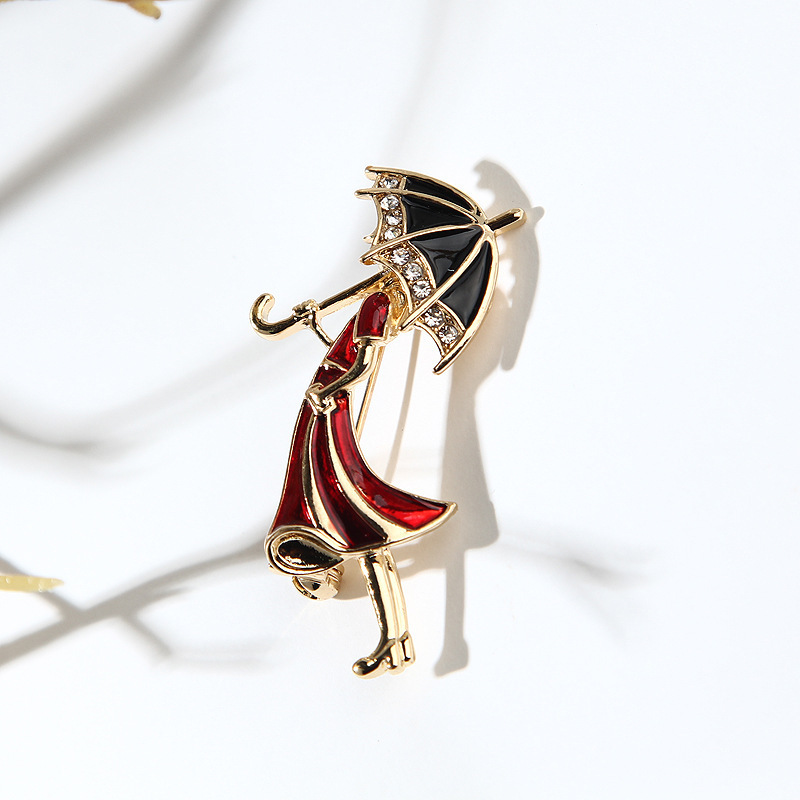 Promotional Metal Wholesale Fashion Zinc Alloy Women Enamel Romantic Umbrella Girl Jewelry Brooch Pin For Suit