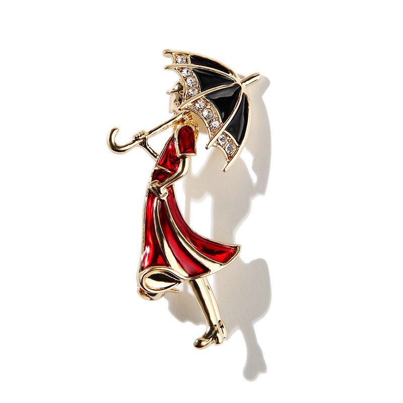 Promotional Metal Wholesale Fashion Zinc Alloy Women Enamel Romantic Umbrella Girl Jewelry Brooch Pin For Suit