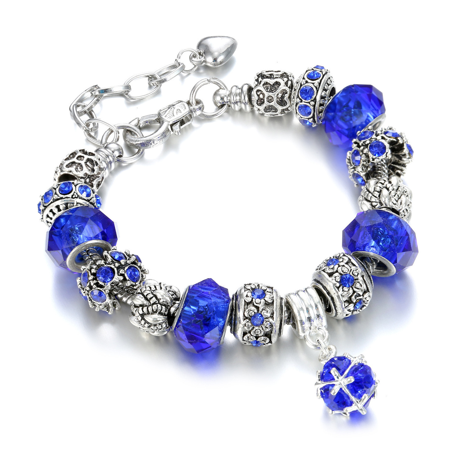 Lack Blue Lucky Charm Dainty Women Crystal Glass Bali Beads Beaded Snake Chain Bracelets With Charms