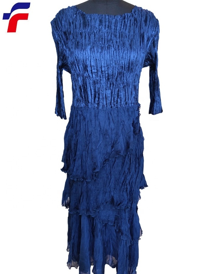 Fall 2021 Royal Blue Polyester Chiffon Ladies' Woven Crinkle Tiers Bottom Dress