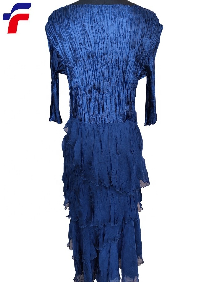 Fall 2021 Royal Blue Polyester Chiffon Ladies' Woven Crinkle Tiers Bottom Dress