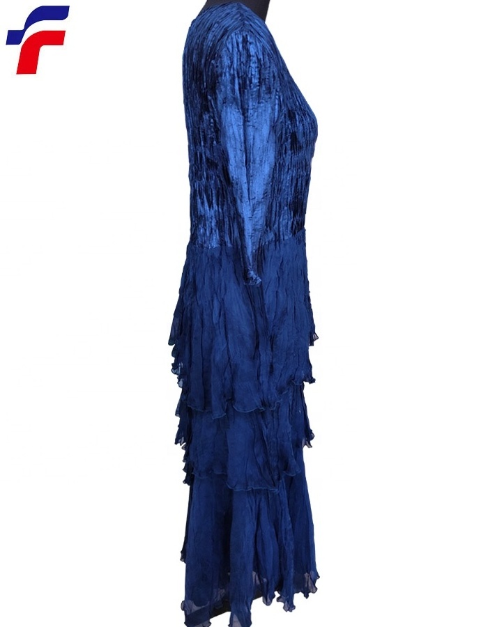 Fall 2021 Royal Blue Polyester Chiffon Ladies' Woven Crinkle Tiers Bottom Dress