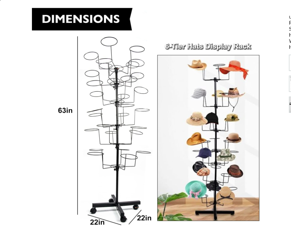 6 Tier Hat Display Rack Stand Rotating Hat Rack Adjustable Metal Free Standing Floor Stand for Baseball hat, Women's & Men's