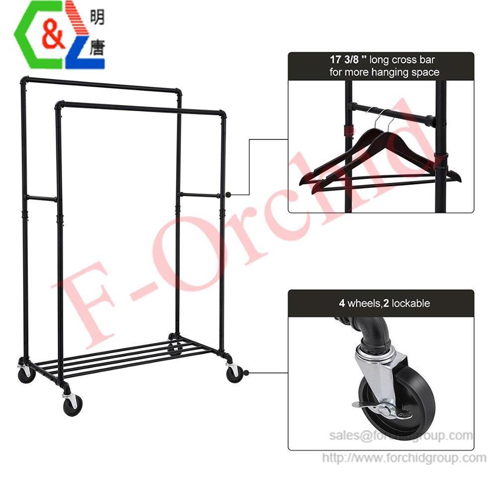 F-Orchid Industrial Pipe Double Rail Clothes Rack on Wheels with Commercial Grade Clothing Double Rod Adjustable Rolling Clothes