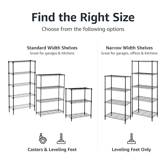 Basics 3-Shelf Narrow Adjustable, Heavy Duty Storage Shelving Unit on 2'' PP Plastic Wheel Casters, Metal Organizer Wire Rack