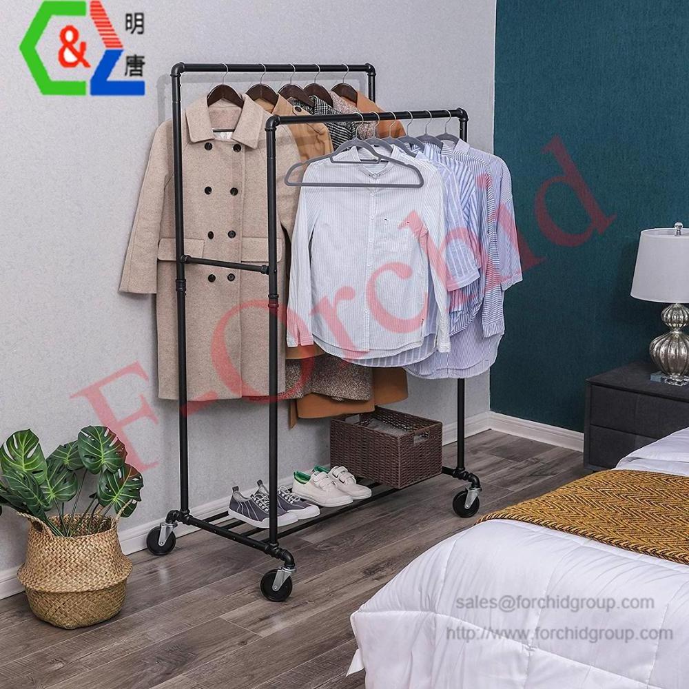 F-Orchid Industrial Pipe Double Rail Clothes Rack on Wheels with Commercial Grade Clothing Double Rod Adjustable Rolling Clothes