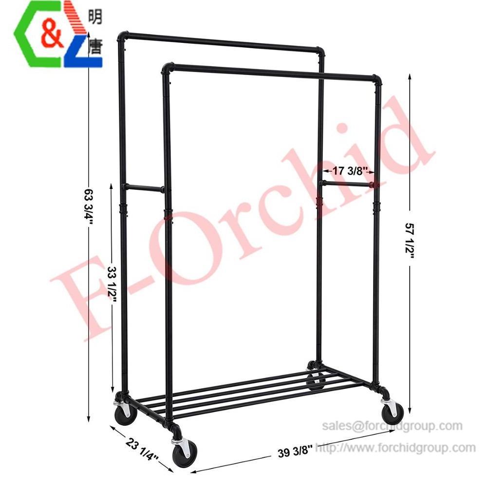 F-Orchid Industrial Pipe Double Rail Clothes Rack on Wheels with Commercial Grade Clothing Double Rod Adjustable Rolling Clothes