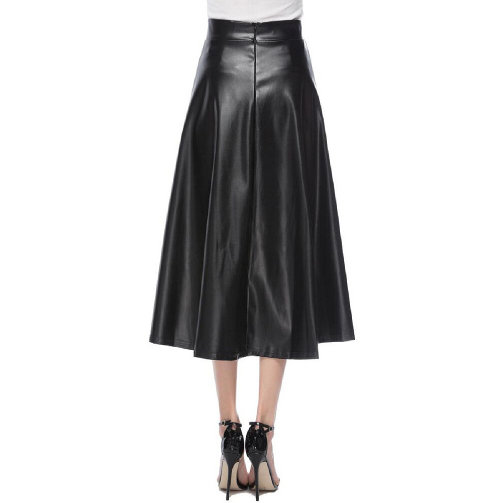 Sidiou Group Autumn Winter Women PU Leather Skirt High Waist Slim Vintage Pleated Skirt Large Swing Long Skirts