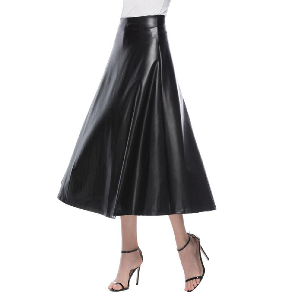 Sidiou Group Autumn Winter Women PU Leather Skirt High Waist Slim Vintage Pleated Skirt Large Swing Long Skirts