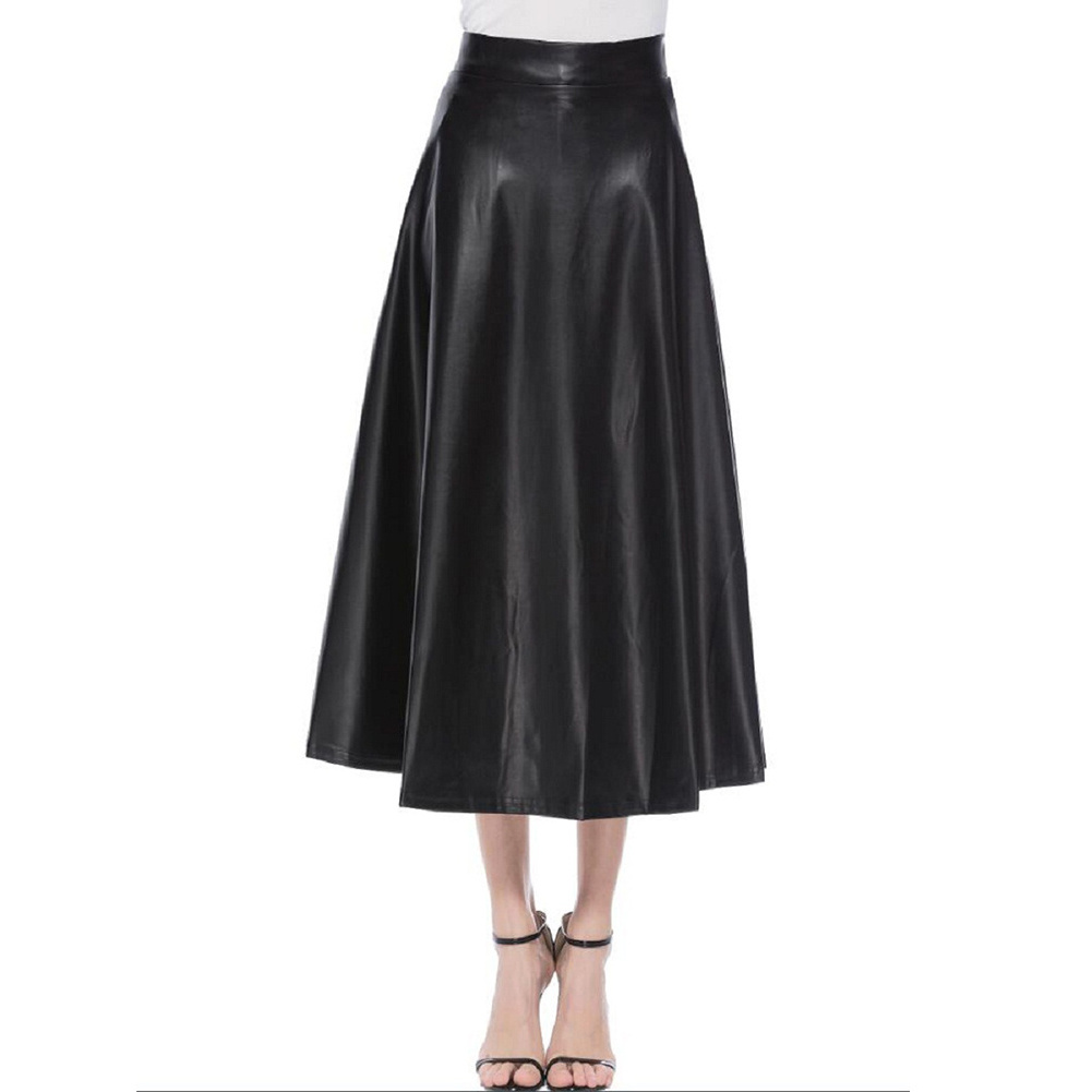 Sidiou Group Autumn Winter Women PU Leather Skirt High Waist Slim Vintage Pleated Skirt Large Swing Long Skirts