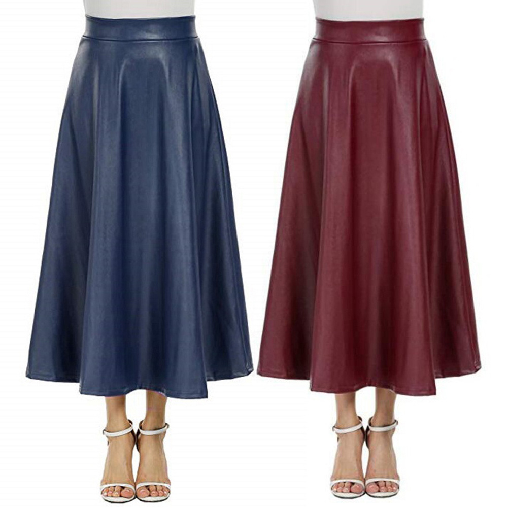 Sidiou Group Autumn Winter Women PU Leather Skirt High Waist Slim Vintage Pleated Skirt Large Swing Long Skirts