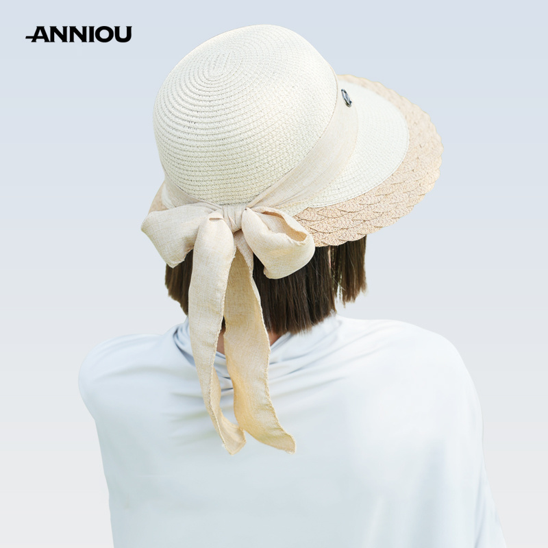 ANNIOU Vacation French Style Bow Straw Hats Summer Sunscreen Large Brim Women Hat Riding Seaside Travel Foldable Sun Hat