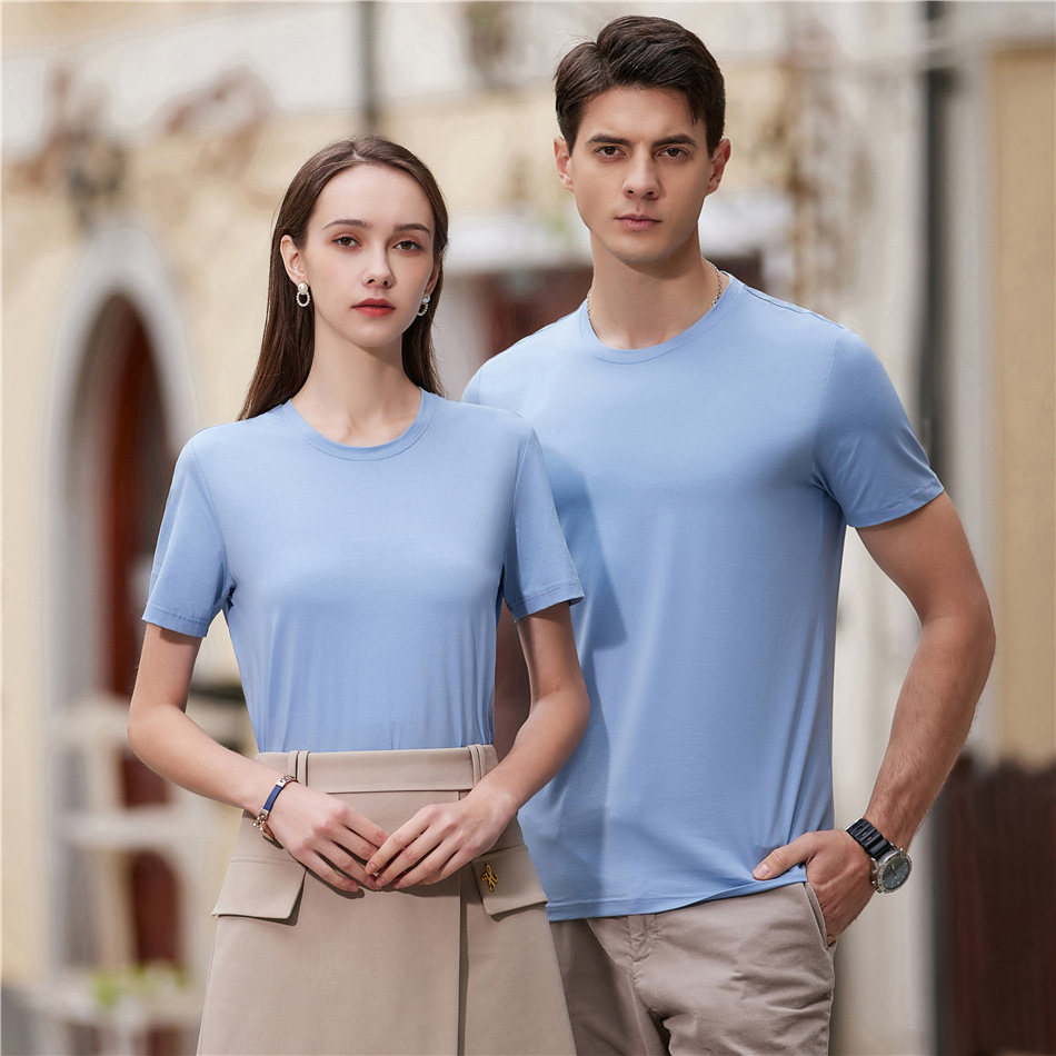 Liquid Ammonia Mercerized Cotton Tshirt Round Neck Short Sleeved Moisture-wicking T-shirt 95 Cotton 5 Spandex T Shirts Wholesale