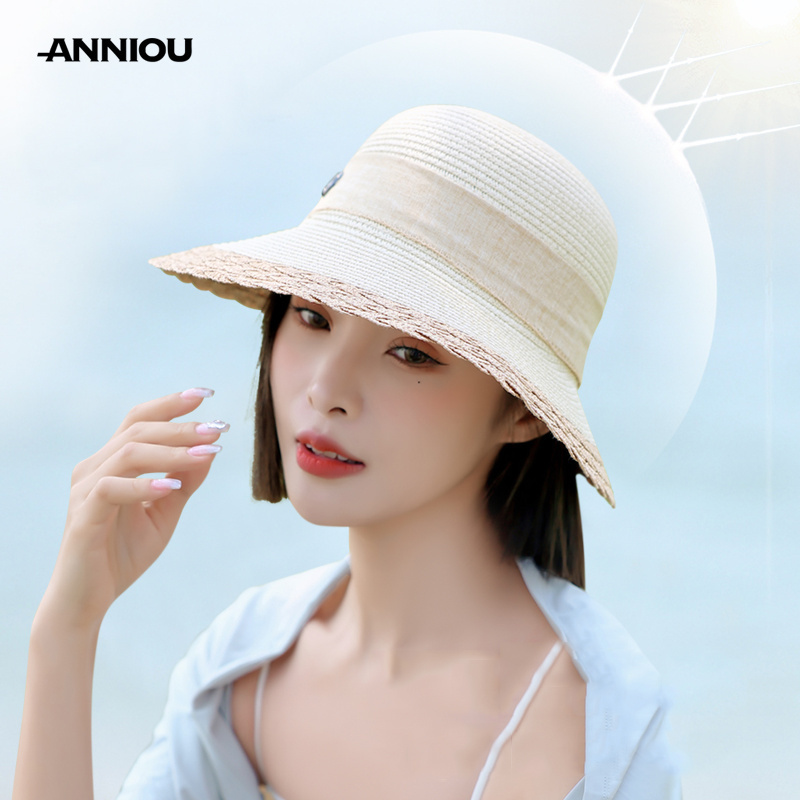 ANNIOU Vacation French Style Bow Straw Hats Summer Sunscreen Large Brim Women Hat Riding Seaside Travel Foldable Sun Hat