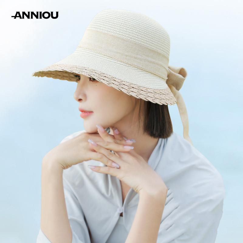 ANNIOU Vacation French Style Bow Straw Hats Summer Sunscreen Large Brim Women Hat Riding Seaside Travel Foldable Sun Hat