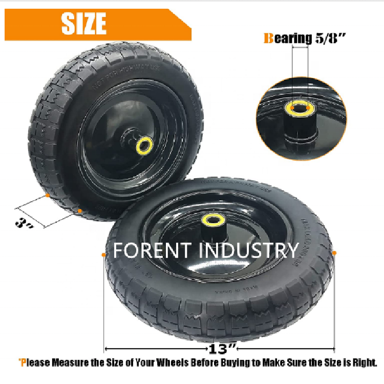 Wheel Assemblies for Hand Trucks Garden Cart 13'' Flat Free Tires Rubber Replacement PU Solid Tire