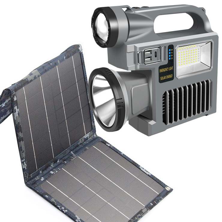 Manufacturer 1500 Lm Plastic High power LED Flashlight P50 12W folding solar panel power station 12800mAH multifunctional IP55