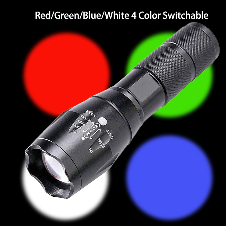 Manufacturer Triple Color LED Tactical Flashlight 3pcs AAA Dry Battery operated High Quality RGB Flashlight