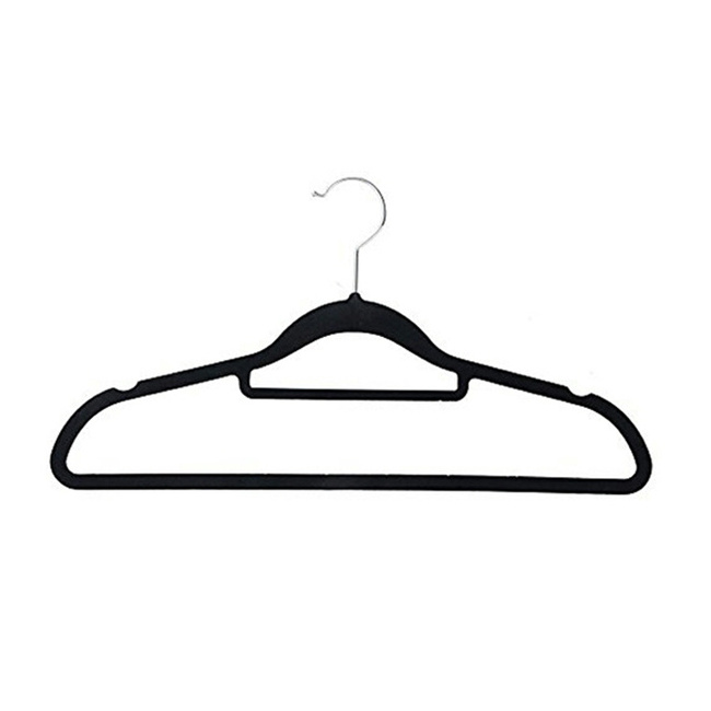 Wholesale Premium Black Nonslip Laundry Velvet Clothes Hangers Slim Flocked Hanger With Trouser Bar