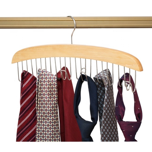 multiple hooks clothes hanger wooden belt storage rack