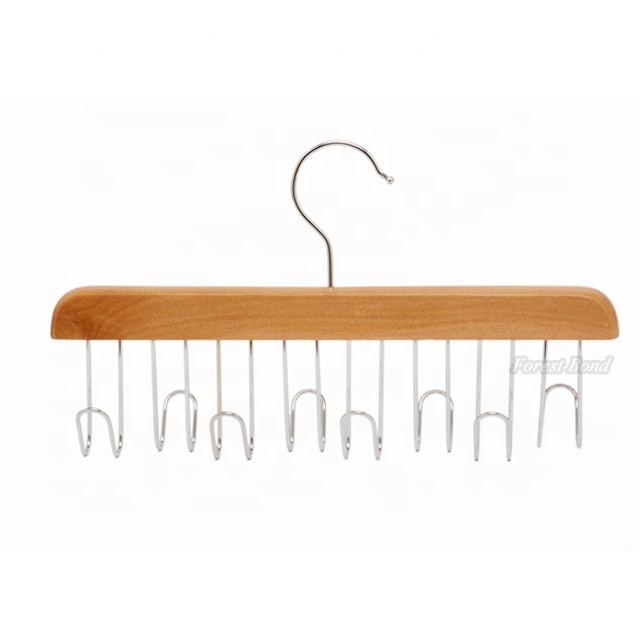 multiple hooks clothes hanger wooden belt storage rack