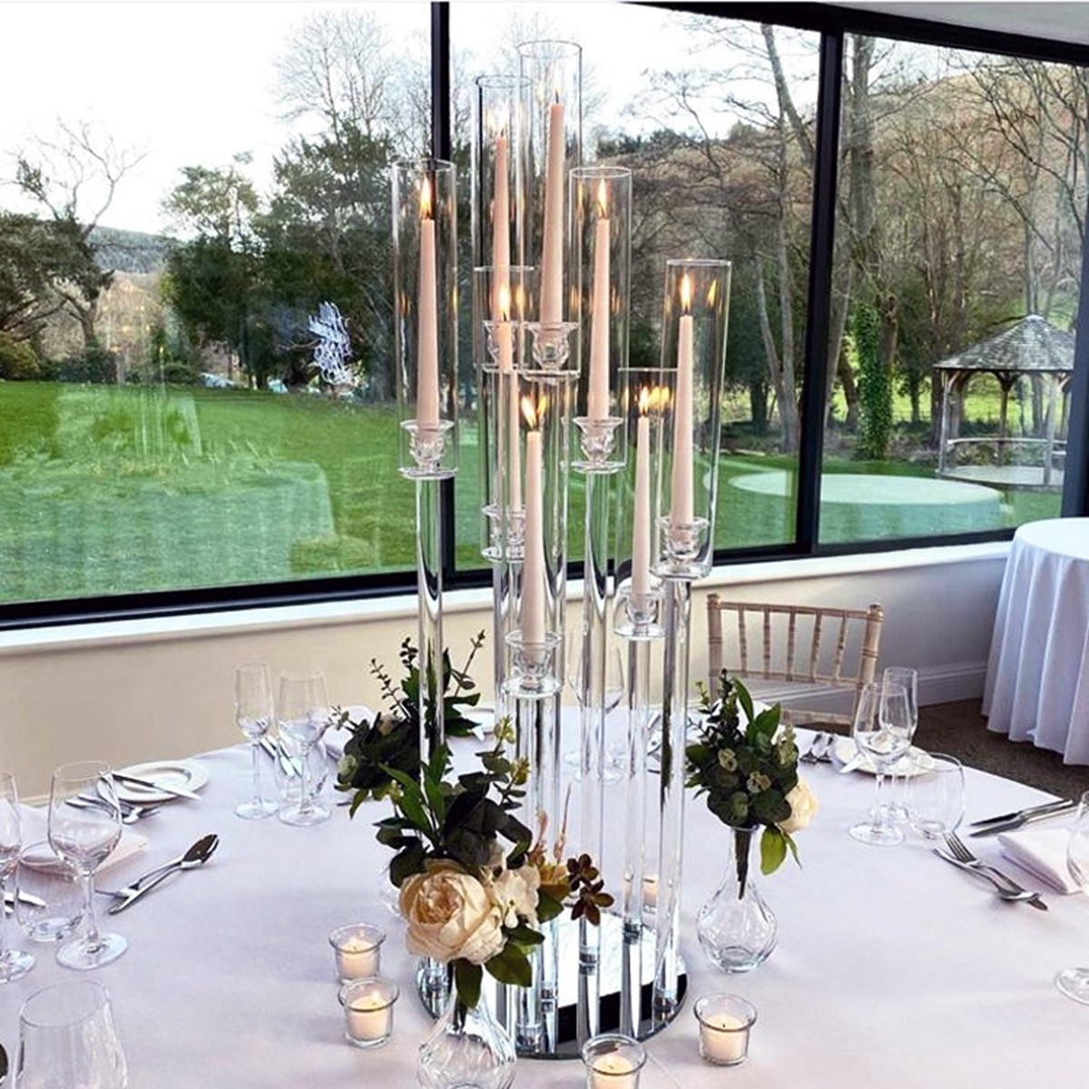 Table top decoration centerpieces cylinder acrylic tube candle holder 8 arms tall  tall crystal wedding candelabra with lamp