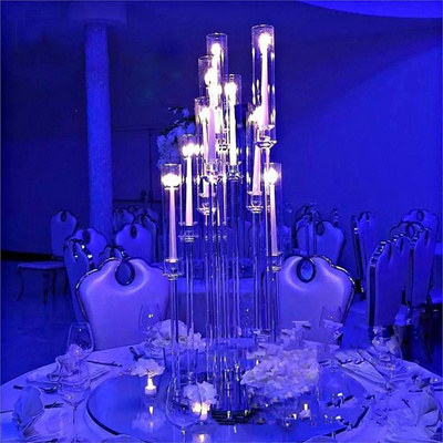 Latest event decoration 8 arm crystal acrylic candelabra candlestick tall flower stand center pieces for wedding LED candle deco