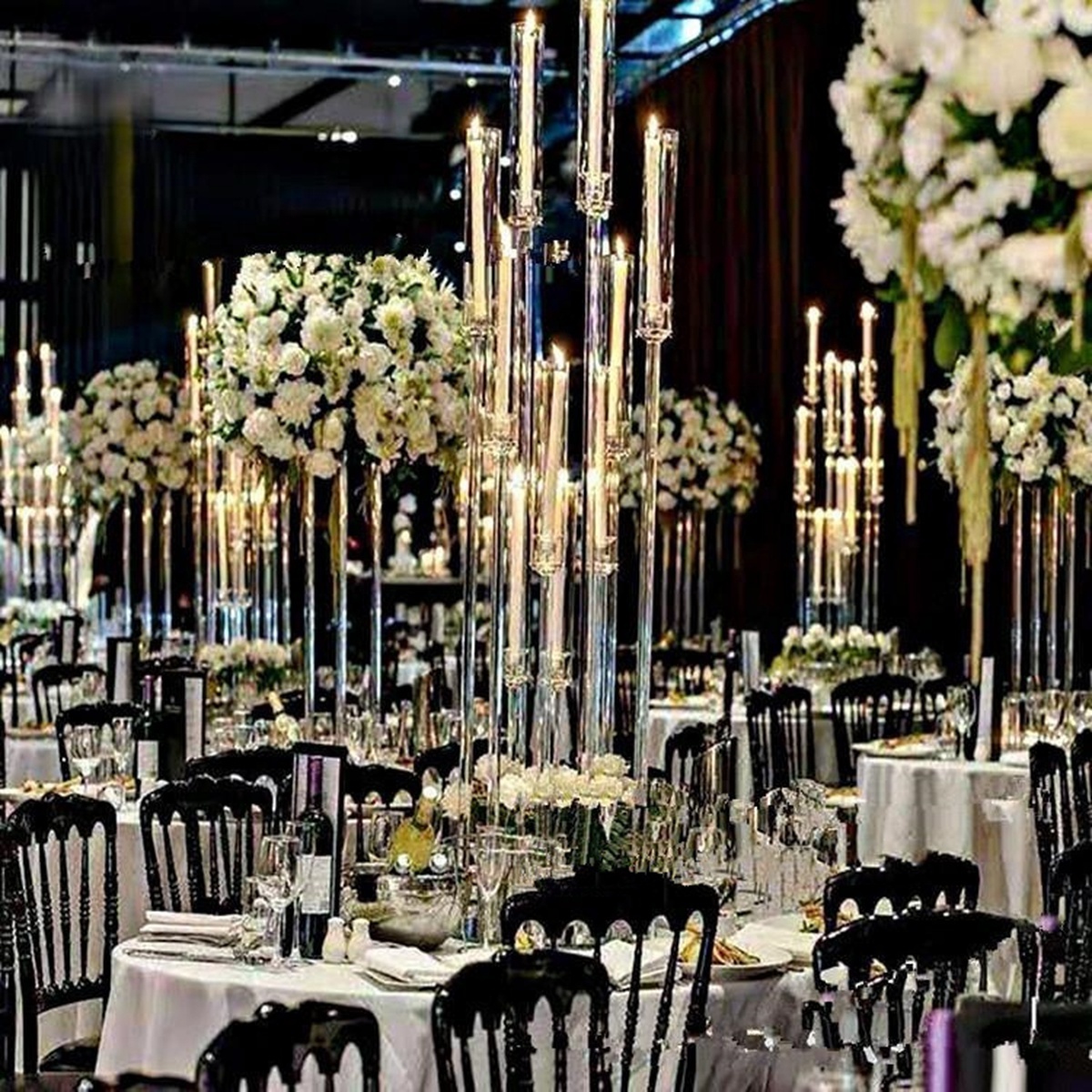 Latest event decoration 8 arm crystal acrylic candelabra candlestick tall flower stand center pieces for wedding LED candle deco