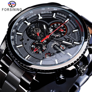 Forsining Three Dial Calendar Display Black Stainless Steel Men Automatic Wrist Watch Top Brand Luxury Sport Male Clock