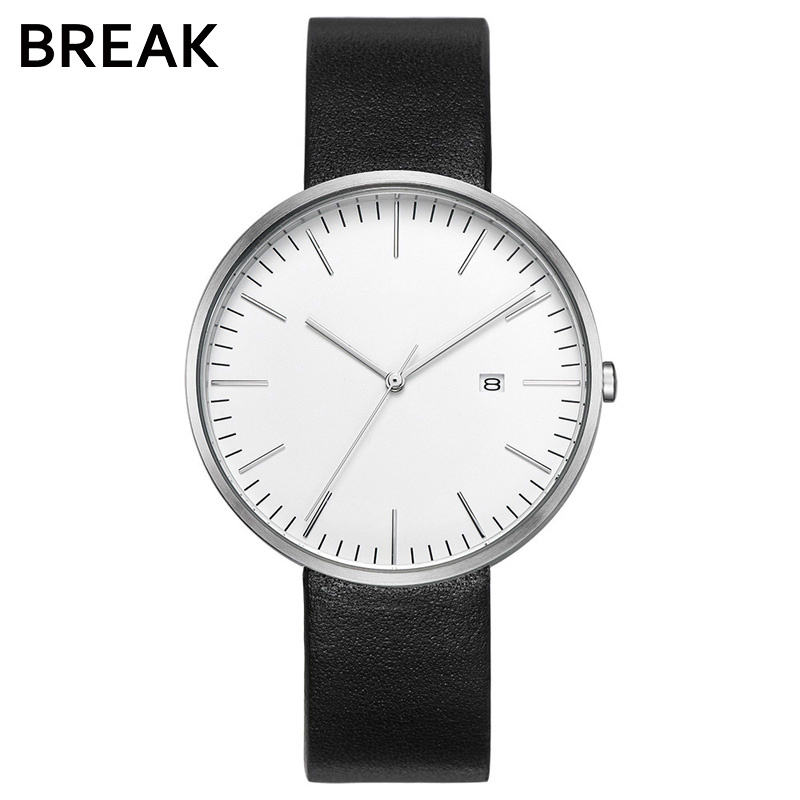 BREAK Minimalism Top Luxury Brand Black Leather Strap Fashion Causal Dress Business Quartz Wristwatches Gift Watch for Men